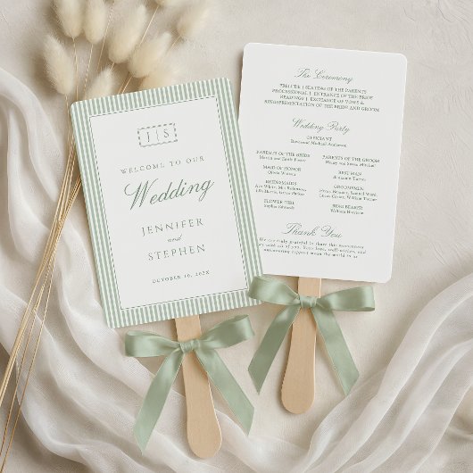 Éventail de mariage rayé vert sauge