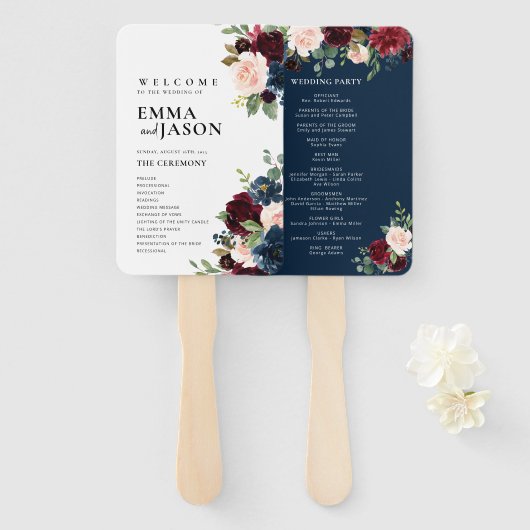 Éventail de programme de mariage à la main floral (Devant et derrière)