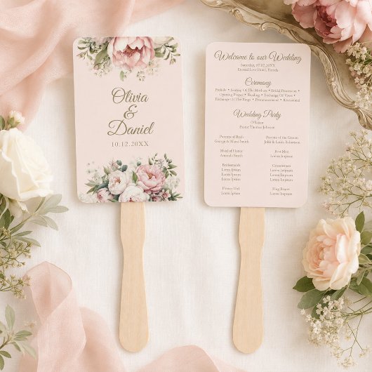 Éventail de Programme de Mariage aux Pivoines Rose