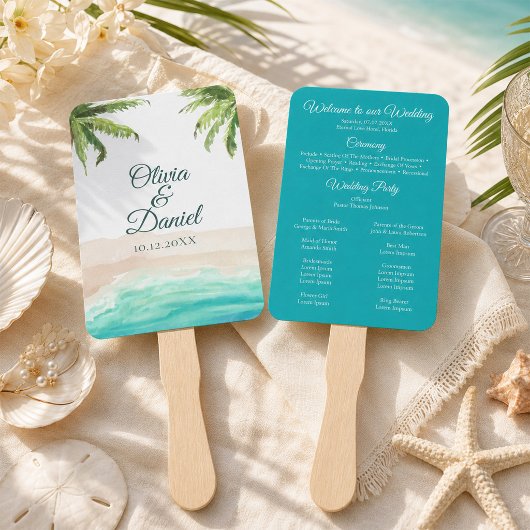 Éventail de programme de mariage avec plage tropic
