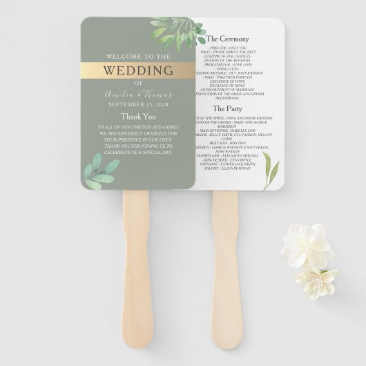 Éventail de programme de mariage botanique vert sa (Devant et derrière)