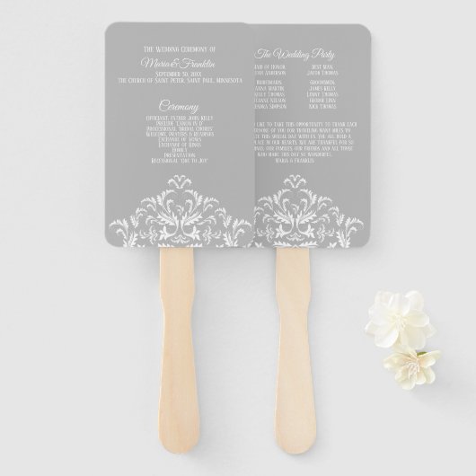 Éventail de programme de mariage élégant en damas (Devant et derrière)