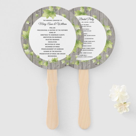 Éventail de programme de mariage en bois rustique (Devant et derrière)