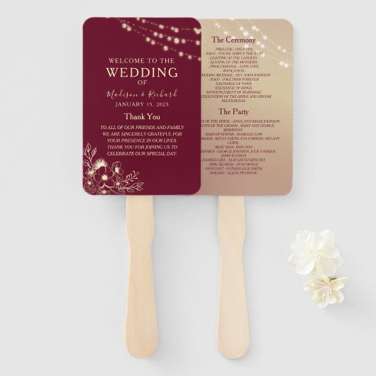 Éventail de programme de mariage en or de Bourgogn (Devant et derrière)