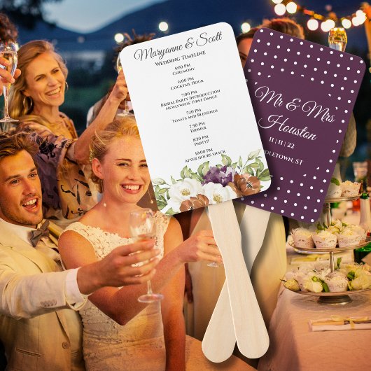Éventail de programme de mariage floral à pois vio