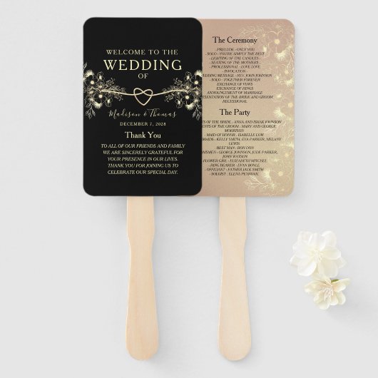 Éventail de programme de mariage floral or noir (Devant et derrière)