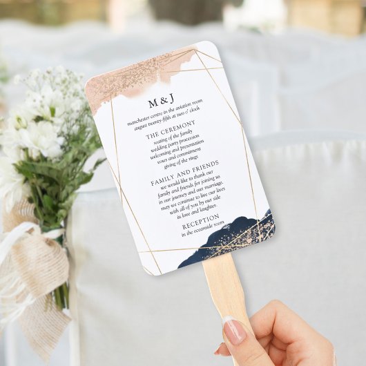 Éventail de programme de mariage rose, or et marin