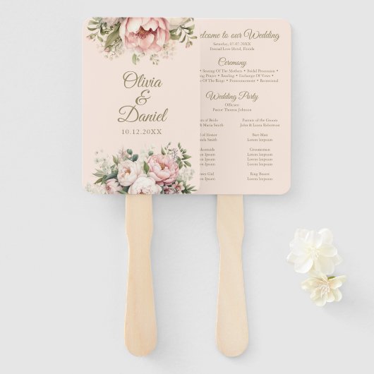 Éventail de programme de mariage rose romantique e (Devant et derrière)