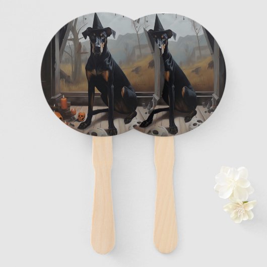 Éventail Doberman Citrouilles Halloween Épouvantable (Devant et derrière)