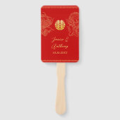 Éventail Dragon mariage chinois en or rouge et phoenix (Devant)