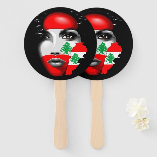 Éventail Drapeau et carte du Liban sur le visage de la fill (Devant et derrière)