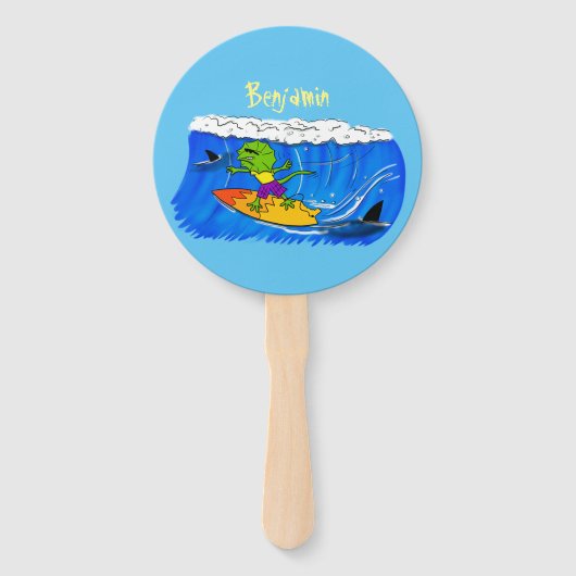 Éventail Drôle caricature de surf de lézard au cou (Devant)