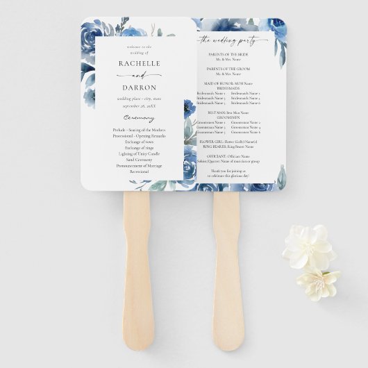Éventail Dusty Blue & Blue Floral Wedding Program (Devant et derrière)