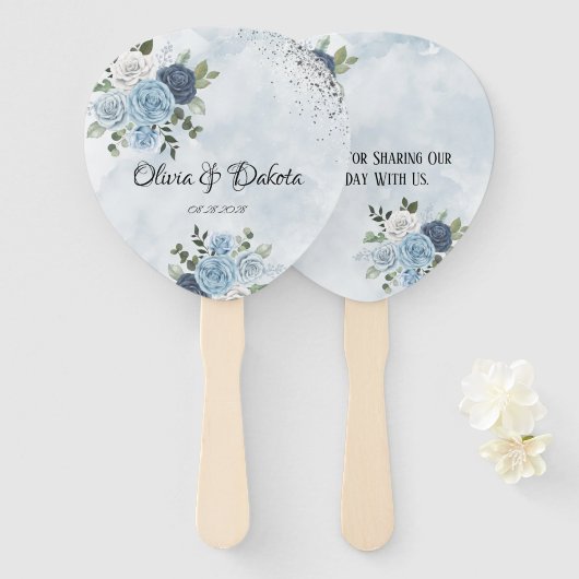 Éventail Dusty Blue Chic Aquarelle Rustic Florals Mariage (Devant et derrière)