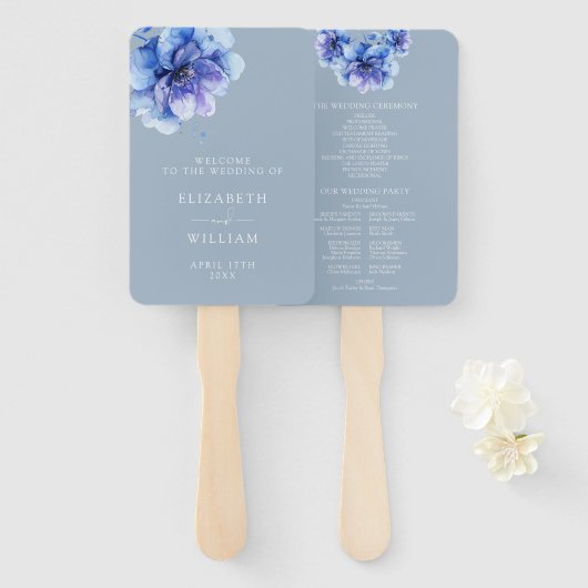 Éventail Dusty Blue Elegant Floral Wedding Programme (Devant et derrière)