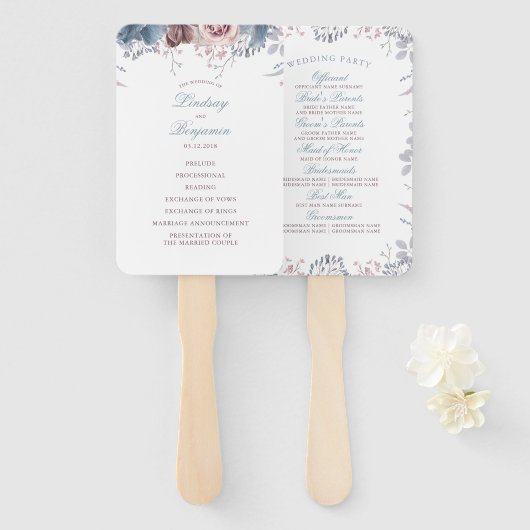 Éventail Dusty Blue et Mauve Floral Wedding Program (Devant et derrière)
