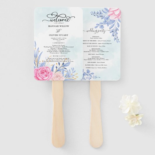 Éventail Dusty Blue Eucalyptus Rose Floral Wedding Programm (Devant et derrière)