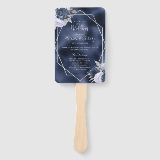 Éventail Dusty Blue Floral Silver Navy Programme de mariage (Devant)