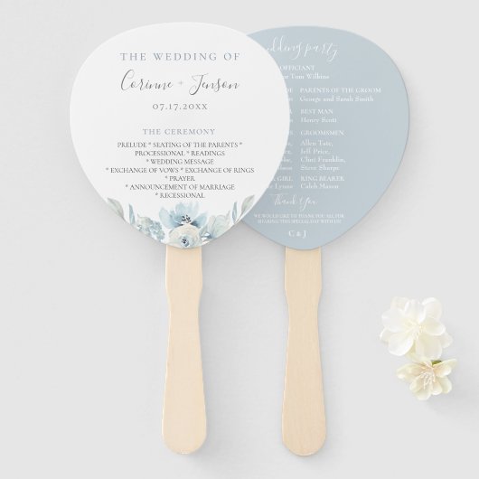 Éventail Dusty Blue Floral Wedding Programme Ventilateurs à (Devant et derrière)