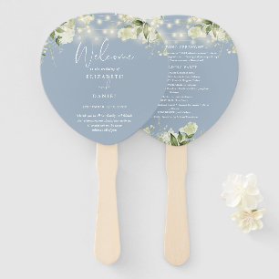 Éventail Dusty Blue Greenery Lights Programme de mariage Co