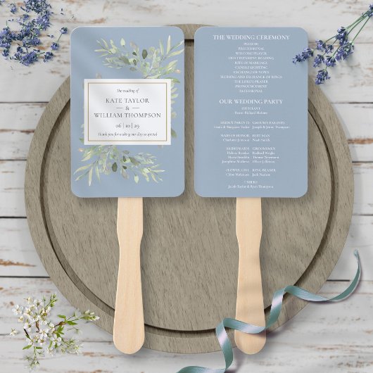 Éventail Dusty Blue Greenery Wedding Program Hand Fan