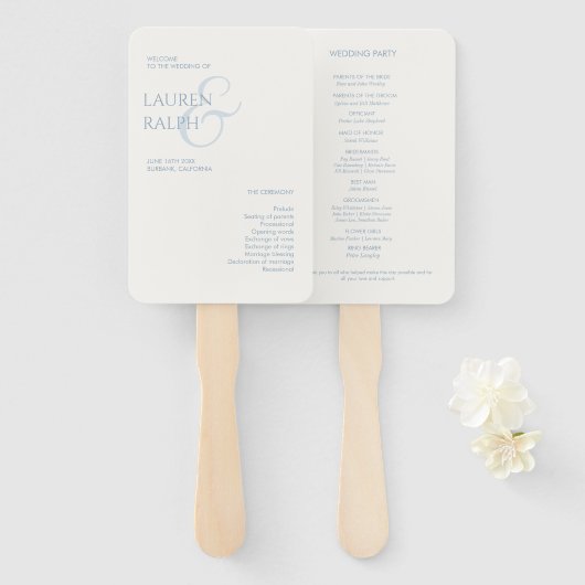 Éventail Dusty Blue & Ivory Monogram Programme de mariage (Devant et derrière)