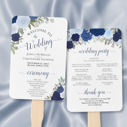 Éventail Dusty Blue & Navy Floral Elegant Wedding Program