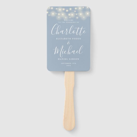Éventail Dusty Blue String Lights Script Wedding Programme (Devant)