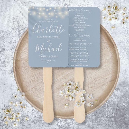 Éventail Dusty Blue String Lights Script Wedding Programme