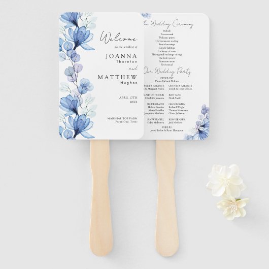 Éventail Dusty Blue Transparent Floral Wedding Programme (Devant et derrière)