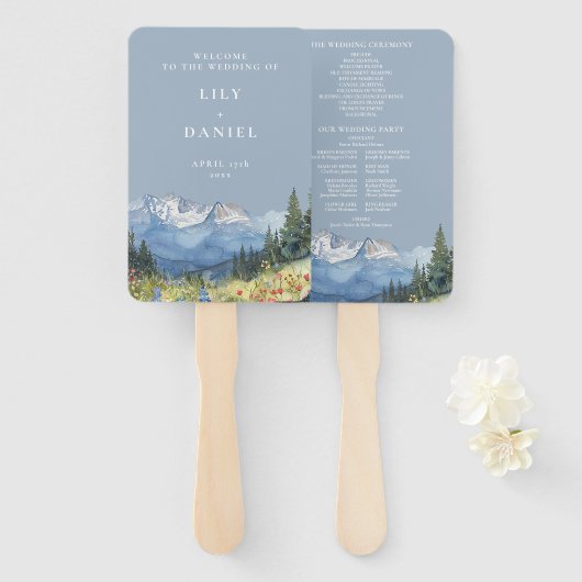 Éventail Dusty Blue Watercolor Mountain Wedding Programme (Devant et derrière)