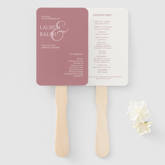 Éventail Dusty Pink Ivory Monogram Programme de mariage de  (Devant et derrière)