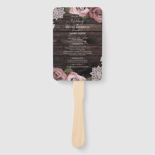 Éventail Dusty Rose Floral Roses Rustique dentelle en bois (Devant)