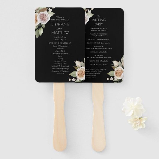 Éventail Dusty rose Pêche Rose Floral Black Wedding Program (Devant et derrière)