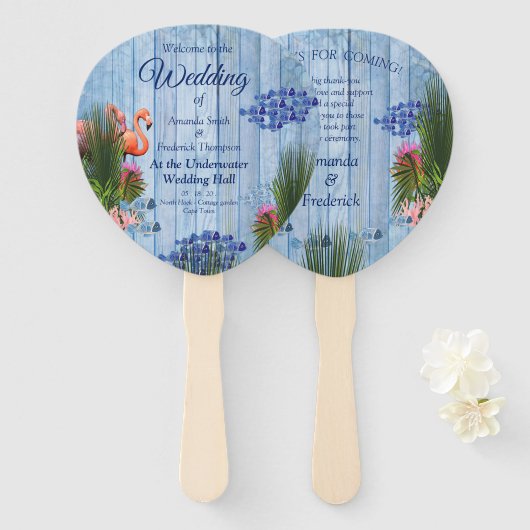 Éventail Eau bleue Galets, Flamants roses roses & Poissons (Devant et derrière)