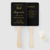 Éventail Élégant Black & Gold Script Wedding Programme (Devant et derrière)