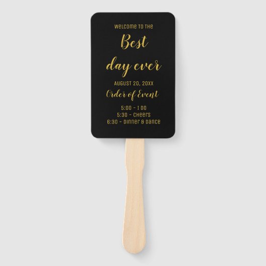 Éventail Élégant Black & Gold Script Wedding Programme (Devant)