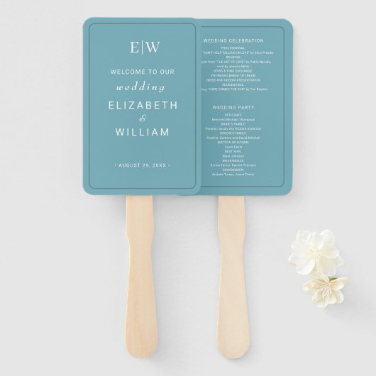 Éventail Élégant bleu rétro simple avec Mariage Monogram (Devant et derrière)