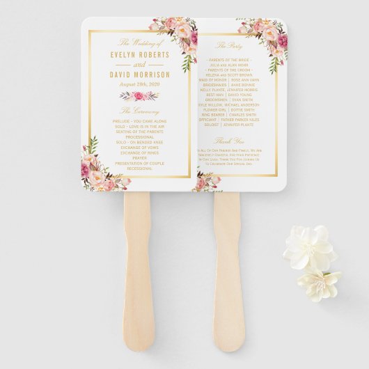 Éventail Élégant Chic Gold Pink Floral Wedding Programme (Devant et derrière)