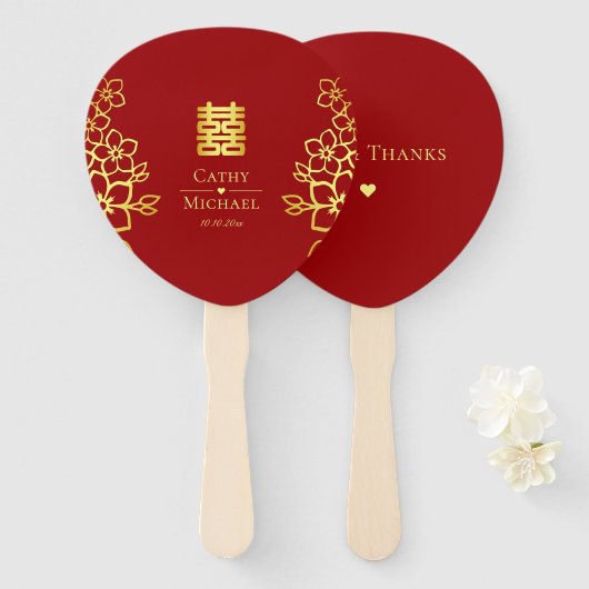 Éventail Élégant double bonheur chinois mariage floral (Devant et derrière)