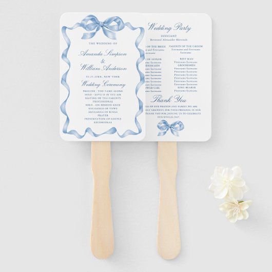 Éventail Élégant Dusty Blue Main Drawn Bow Wedding Programm (Devant et derrière)