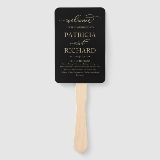 Éventail Élégant Gold Script programme de mariage Noir (Devant)