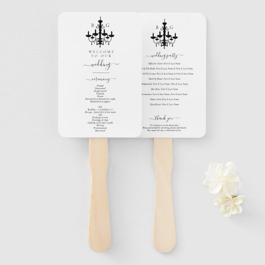 Éventail Élégant Lustre Monogramme Mariage Noir et Blanc (Devant et derrière)