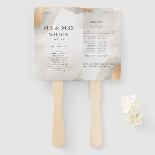 Éventail Elégant Mariage Abstrait Aquarelle Or (Devant et derrière)