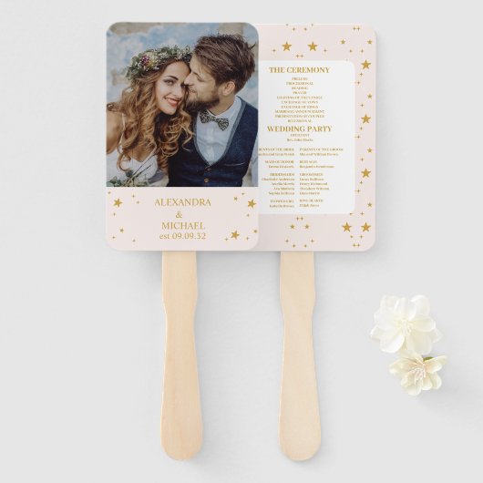 Éventail Élégant Mariage céleste rose et or (Devant et derrière)