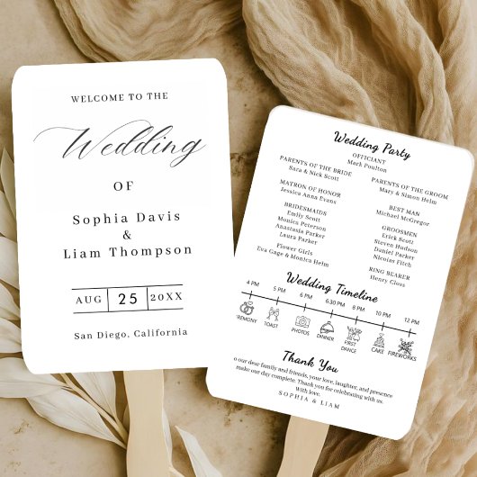 Éventail Elegant Minimalist Black White Wedding Program Fan