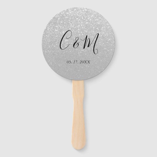 Éventail Élégant Monogramme Parties scintillant argent Mari (Devant)