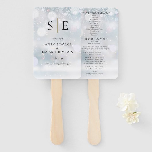 Éventail Élégant Monogramme Programme de mariage hivernal (Devant et derrière)