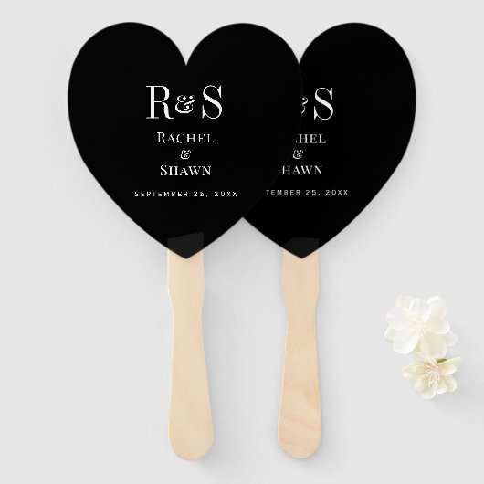 Éventail Élégant noir & blanc Chic moderne Mariage Monogram (Devant et derrière)