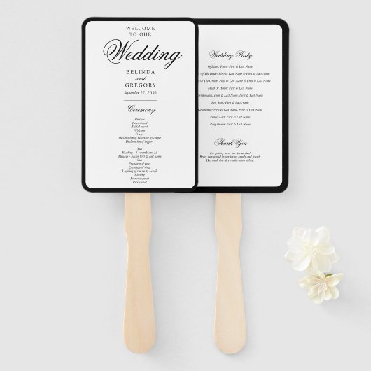 Éventail Élégant Noir Blanc Monogramme Programme de mariage (Devant et derrière)